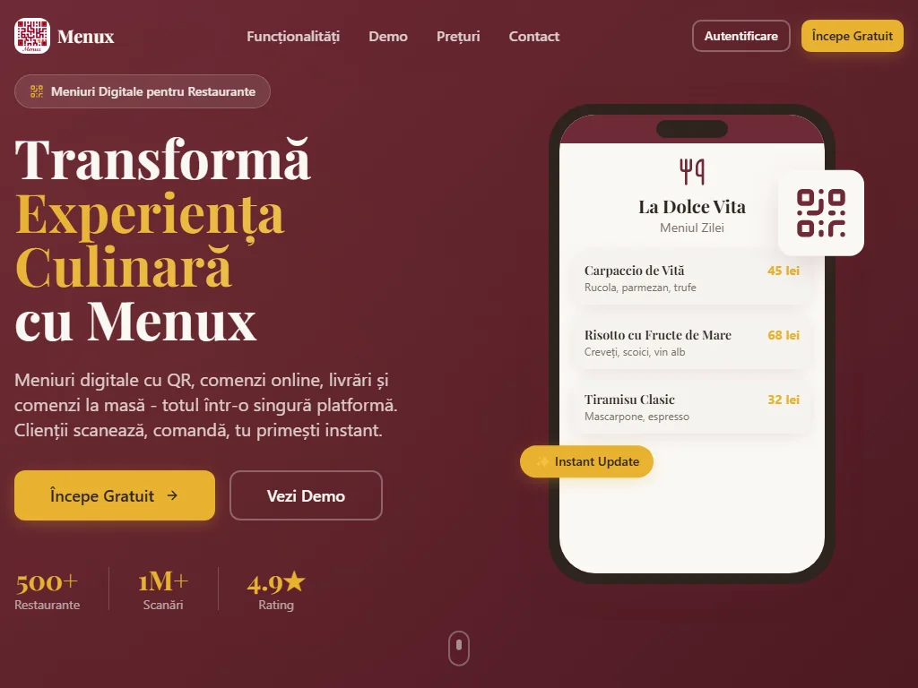 Captură ecran Menux.ro — platformă digitală pentru restaurante